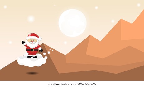Santa Riding In Sledge With Reindeer.abstract pastel paper cut illustration of winter landscape with cloud.Bright moon and shooting star.Winter mountain Christmas landscape with fir tree and snowflake