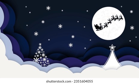 Santa Riding In Sledge With Reindeer.abstract pastel paper cut illustration of winter landscape with cloud.Bright moon and shooting star.Winter mountain Christmas landscape with fir tree and snowflake
