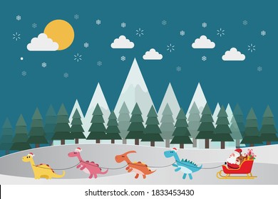 Santa riding in sledge with reindeers dinosaurs. Vector illustration