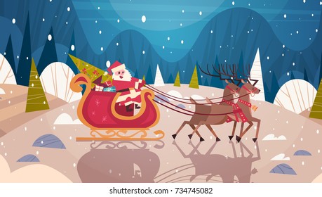 Santa Riding Sledge With Reindeers In Forest, Merry Christmas And Happy New Year Banner Winter Holidays Concept Flat Vector Illustration