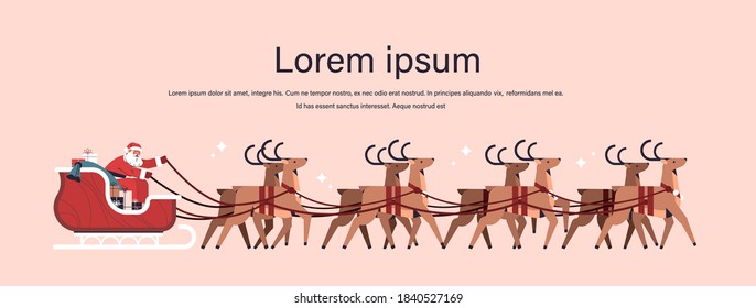santa riding sledge with reindeers happy new year and merry christmas banner holidays celebration concept horizontal copy space vector illustration