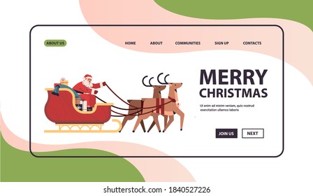 santa riding sledge with reindeers happy new year and merry christmas banner holidays celebration concept horizontal copy space vector illustration