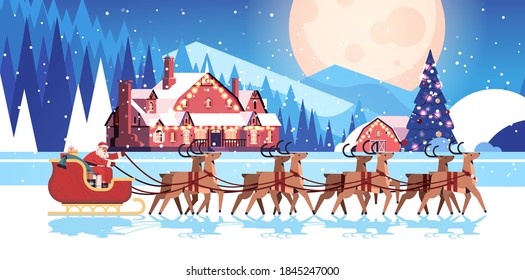 santa riding sledge with reindeers happy new year and merry christmas greeting card holidays celebration concept night winter landscape background horizontal vector illustration