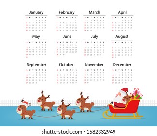 Santa riding in sledge with reindeers, merry christmas and happy new year 2020