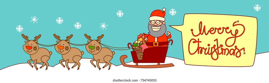 Santa Riding In Sledge With Reindeers, Merry Christmas And Happy New Year Greeting Card Winter Holidays Concept Banner Flat Vector Illustration