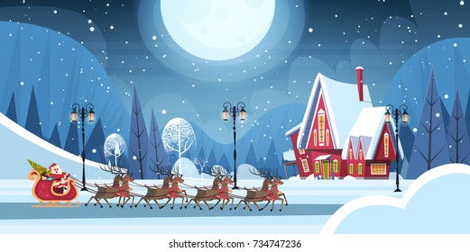 Santa Riding In Sledge With Reindeers, Merry Christmas And Happy New Year Greeting Card Winter Holidays Concept Banner Flat Vector Illustration