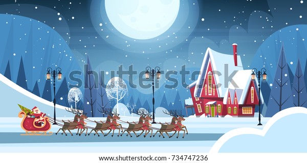 Santa Riding In Sledge With Reindeers, Merry Christmas And Happy New Year Greeting Card Winter Holidays Concept Banner Flat Vector Illustration