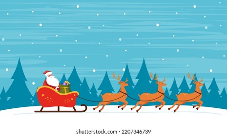 Santa Riding In Sledge With Reindeers on winter snowy background. Christmas Greeting card vector illustration