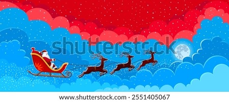 Santa riding a sleigh on the clouds with gifts and a message of Christmas.