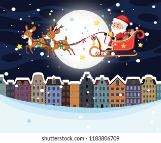 Santa Riding Sleigh Over Town Illustration