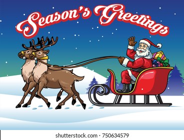 santa riding sleigh pulled by his deers