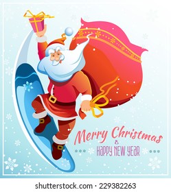 Santa riding snowboard with gifts. Merry christmas card/poster/banner/wallpaper