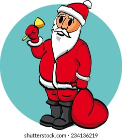 Santa ringing the bell and hold sack of presents.