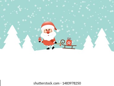 Santa Ringing Bell Pulling Sleigh With Gift Snow And Forest Turquoise