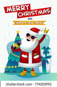 Santa - rock star. Santa Claus Singing karaoke with Merry Christmas and Happy New Year inscription. Christmas tree and presents on background. Festive poster for party or Xmas greeting card. Vector