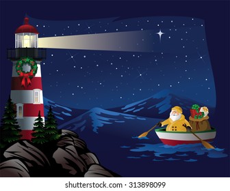 Santa rowing boat bringing gifts to lighthouse