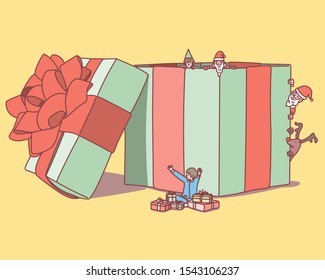 Santa, Rudolph reindeer and elves hide behind giant gift boxes to watch the boy. hand drawn style vector design illustrations. 