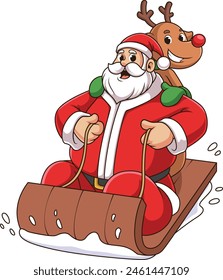 Santa and rudolph sliding in the snow vector illustration