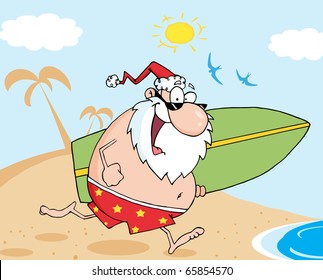 Santa Running On A Beach With A Surfboard