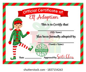 Santa s Elf adoption certificate. Card, Diploma. Flat vector illustration.