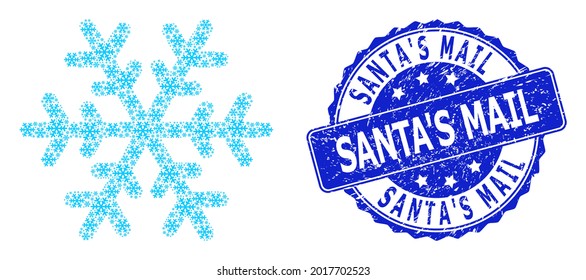 Santa S Mail corroded round stamp seal and vector recursive composition snowflake. Blue stamp seal contains Santa S Mail title inside round shape.
