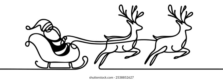 Santa s sleigh with Christmas reindeer in harness one line art. Continuous line drawing of new year holidays, christmas, congratulations, weekend, celebration.