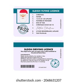 Santa' s sleigh driving license with text in UK version: sleigh flying licence. Christmas certificate for Santa Claus. Vector illustration.