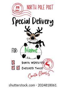 Santa sack, Christmas Reindeer, Special Delivery, North Pole Post. Christmas card template. Diy gift box, decorations, cards, poster. Christmas post stamp, Santa tag. Vector hand drawn lettering.