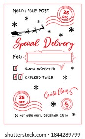 Santa Sack Design For Crafting Decorations, Cards, Poster. Special Delivery From The North Pole. Christmas Card Template. North Pole Post. Christmas Post Stamps. Hand Drawn Lettering. Santa Sack Sign.