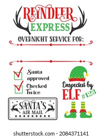 Santa sack design for crafting decorations, cards, poster. Special delivery from the North Pole. Christmas card template. North Pole Post. Christmas post stamps.