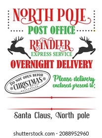 Santa sack design for crafting decorations, cards, poster. Special delivery from the North Pole. Christmas card template. North Pole Post. Christmas post stamps.