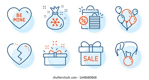 Santa sack, Elephant on ball and Shopping bags signs. Broken heart, Present box and Be mine line icons set. Sale offer, Balloons symbols. Love end, Sale offer. Holidays set. Outline icons set. Vector