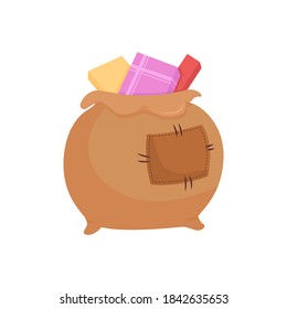Santa sack flat color vector object. Bag with presents. New Year gifts. Festive holiday. Wrapped packages for kids. Merry Christmas isolated cartoon illustration for web graphic design and animation