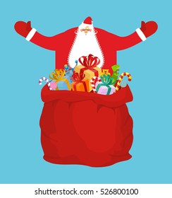 Santa and sack of gifts. Christmas red bag. Toys and sweets for children. New Year card