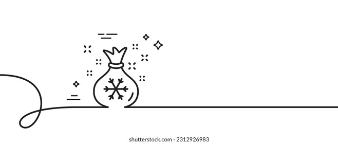 Das Symbol der Weihnachtssack-Linie. Kontinuierlich eine Linie mit curl. Weihnachten oder Neues Jahr Unterschrift. Beutel mit Geschenken und Geschenksymbol. Der Weihnachtsmann hat ein einfaches Rahmenband. Loop-Kurve Muster. Vektorgrafik