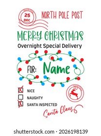 Santa sack, Merry Christmas, Special Delivery, Christmas lights, North Pole Post. Christmas gift sack template. Winter holidays post stamp. Diy Santa tag. Vector gift box design.