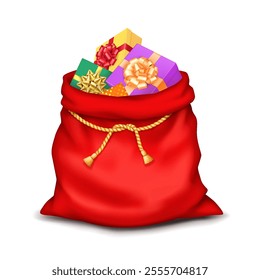 Santa sack overflowed with wrapped gifts tied with ropes realistic vector illustration. Christmas bag and holiday spirit 3d object on white