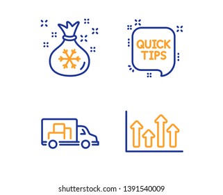 Santa sack, Quick tips and Truck transport icons simple set. Upper arrows sign. Gifts bag, Helpful tricks, Delivery. Growth infochart. Business set. Linear santa sack icon. Colorful design set. Vector