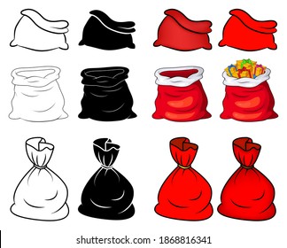 Santa sack set. Collection of santa claus bag. Empty and tied up. Red, outline and silhouette. Vector present package isolated on white background. Christmas cartoon drawing. Xmas  illustration.