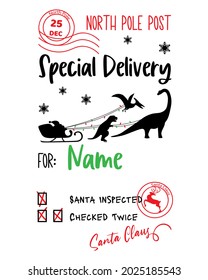 Santa sack, Santa Sleigh, Special Delivery, North Pole Post. Dinosaurs Santa Sleigh. Christmas gift sack template. Diy gift box, house decorations, poster. Christmas post stamp. Vector illustration.