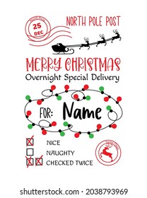 Santa sack template for crafting, christmas decoration, gift tag. Santa sleigh. Special delivery from the North Pole. Christmas card template. North Pole Post. Christmas post stamps. Santa sack sign.