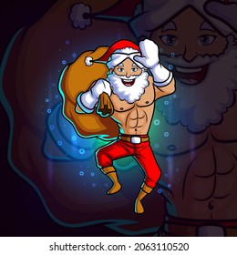 The santa with the sack is waving stick esport mascot design of illustration