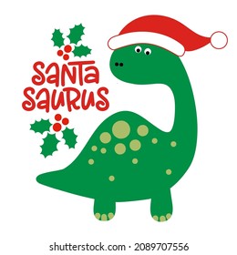 Santa Saurus - Cute brontosaurus dinosaur design with Santa hat, funny hand drawn doodle, cartoon dino. Merry Christmas greeting card.