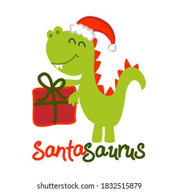 Santa Saurus - Cute t rex dinosaur design with xmas gift, funny hand drawn doodle, cartoon dino Vector hand drawn illustration. 