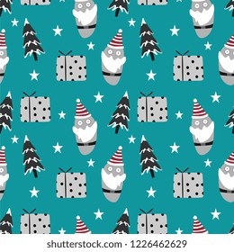 Santa seamless pattern with cute character of cartoon colorful drawing. Doodle christmas gift and tree isolated on green background ready for wrapping and print.