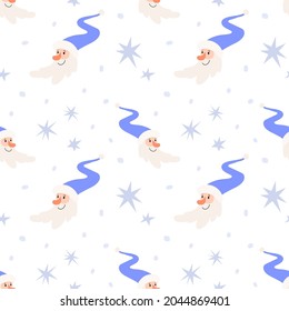 Santa seamless pattern. Hand-drawn ornament with Santa's head wearing a blue hat and stars. Seamless Christmas background on white.
