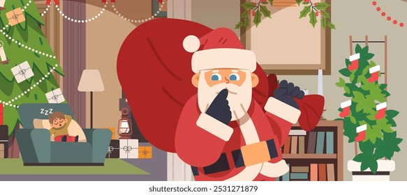 Santa secretly brings gifts while boy sleeps in chair. Christmas miracle vector illustration