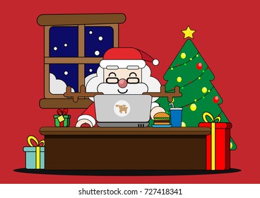 Santa sending happiness online. Flat illustration.