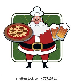 Santa serves both pizza and beer.