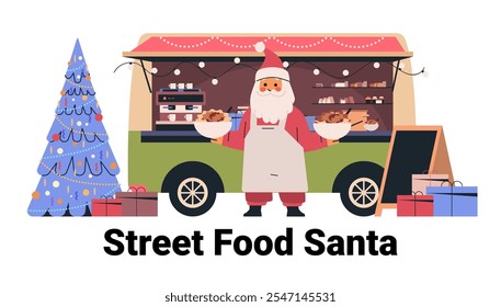 Santa serving food at festive truck with Christmas tree gifts lights holiday scene colorful design template